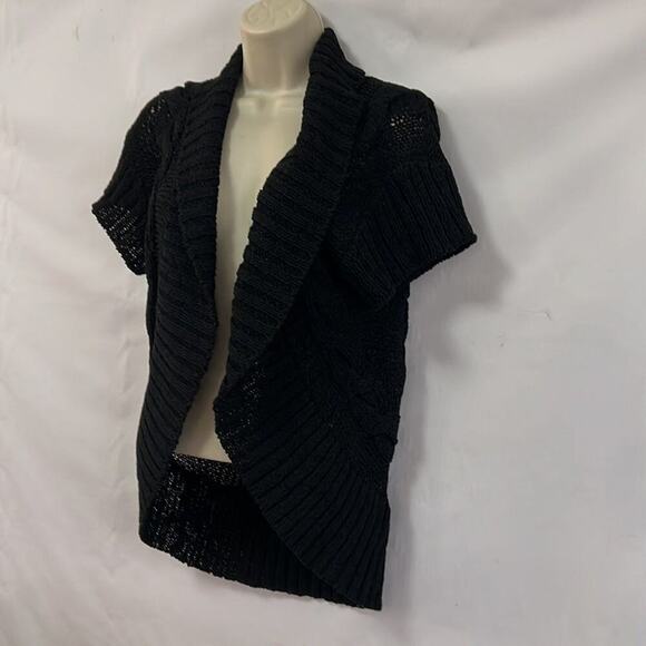 HAIKU KNITTED BLACK SHORTS SLEEVE OPEN CARDIGAN‎ SWEATER SIZE S - Picture 2 of 8